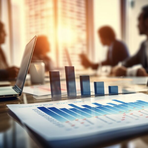 Ejecutivos en una sala de juntas analizando una estrategia financiera