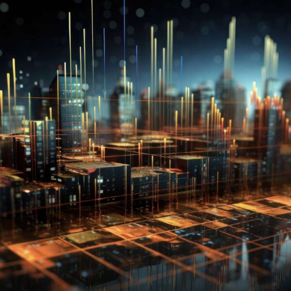 Holograma de una ciudad con barras estadísticas simulando un análisis financiero