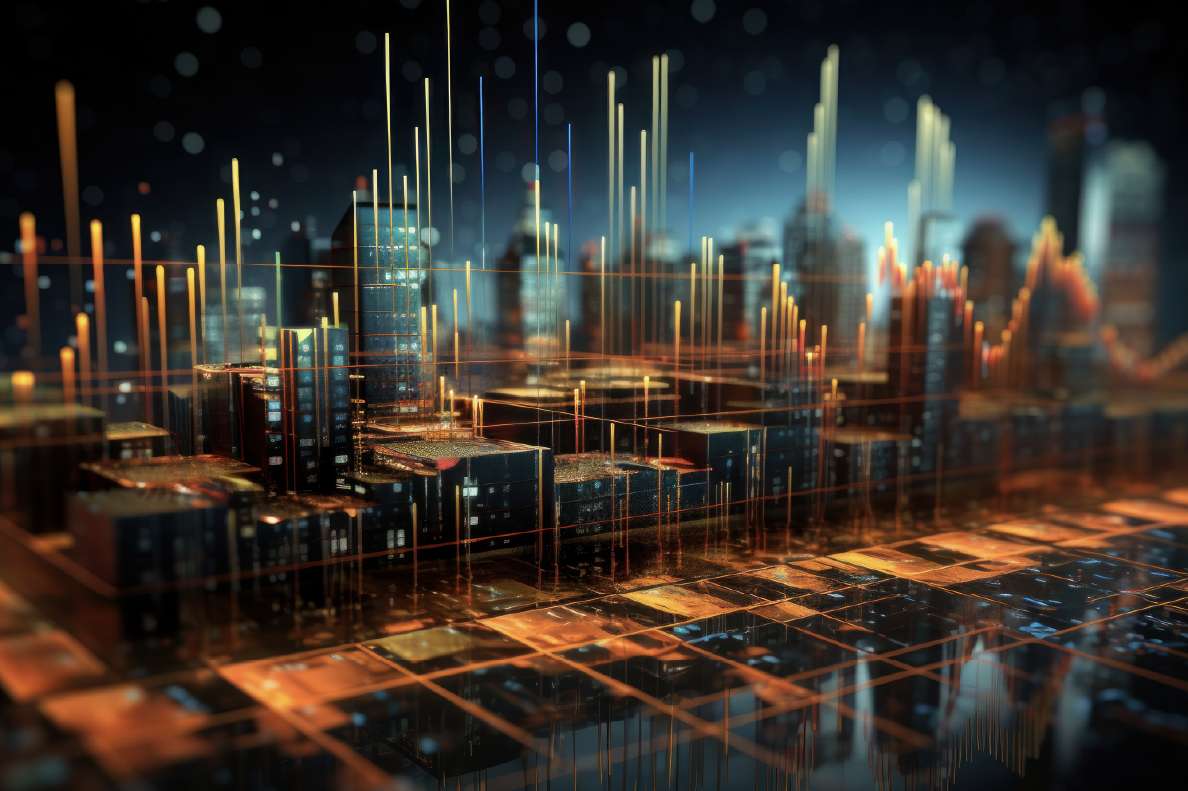 Holograma de una ciudad con barras estadísticas simulando un análisis financiero