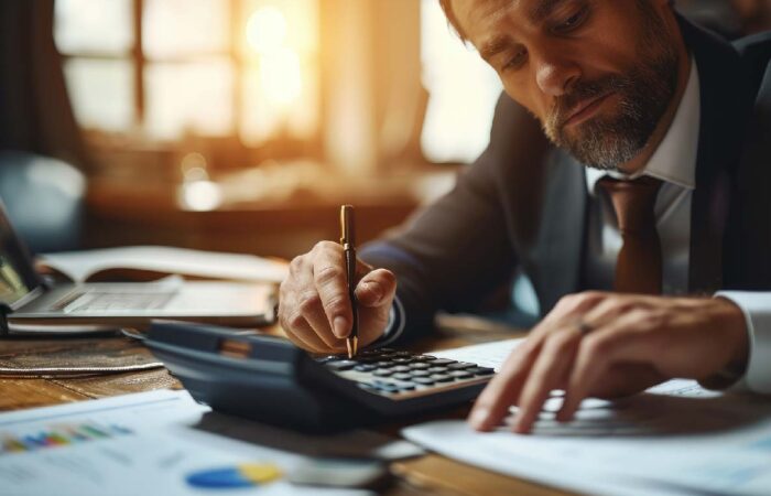 Hombre de negocios trabajando con el uso de una calculadora para calcular los números de los datos financieros