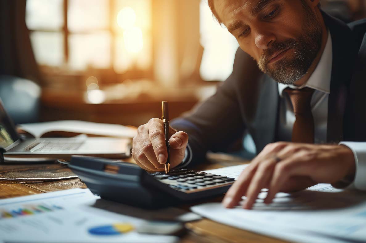 Hombre de negocios trabajando con el uso de una calculadora para calcular los números de los datos financieros
