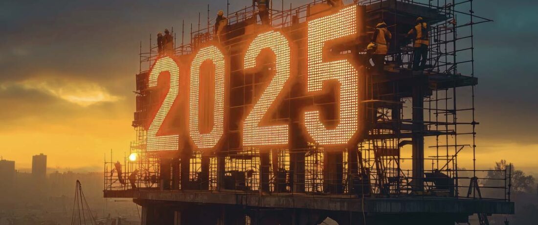 Edificio en construcción con un letrero de 2025